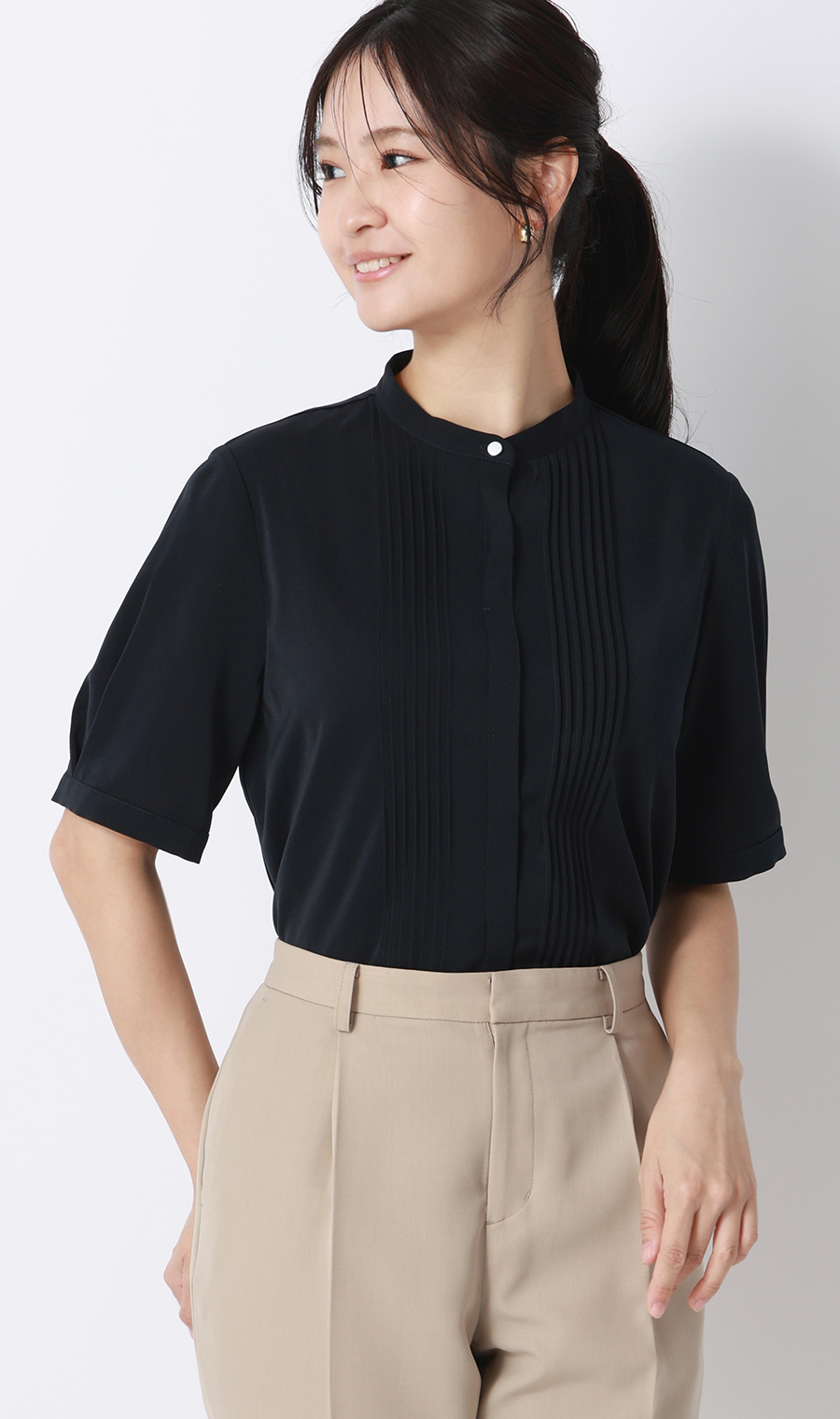 ピンタックブラウス【半袖】 ネイビー S