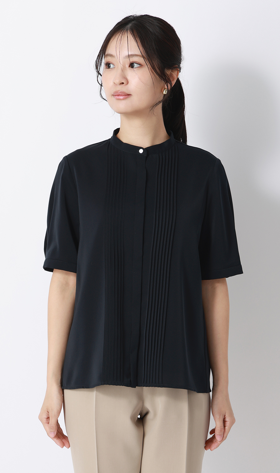 ピンタックブラウス【半袖】 ネイビー S