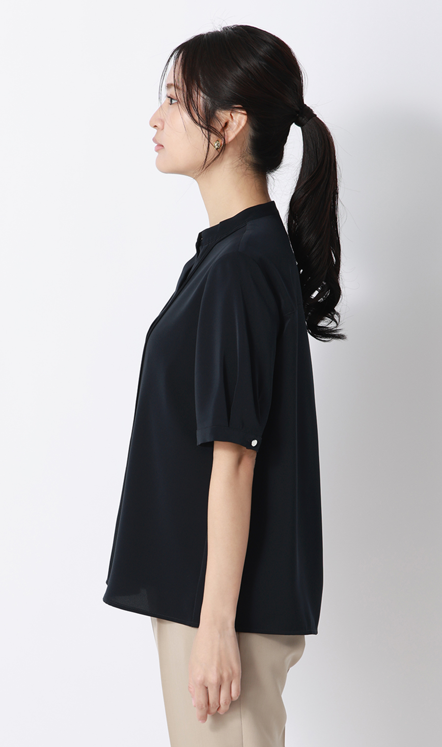 ピンタックブラウス【半袖】 ネイビー S