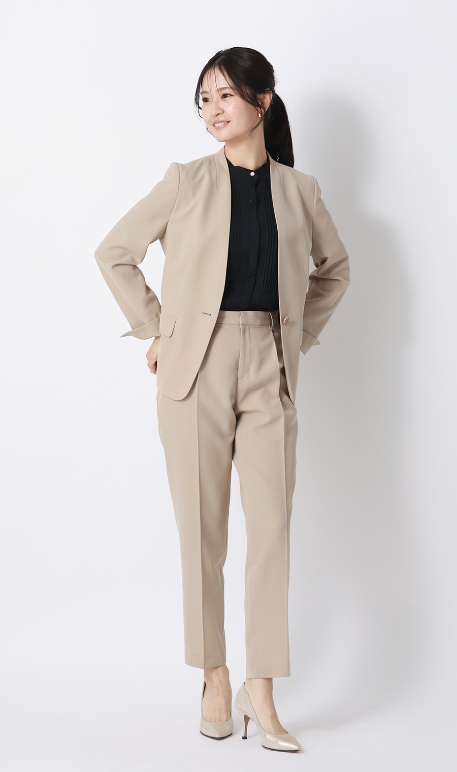 ピンタックブラウス【半袖】 ネイビー S