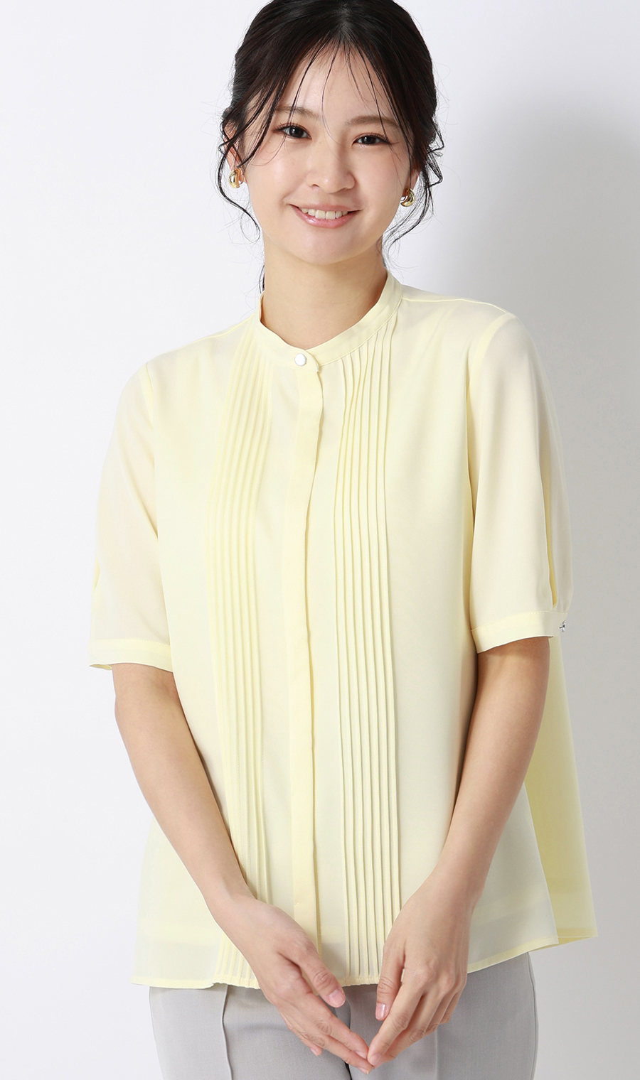 ピンタックブラウス【半袖】 イエロー S