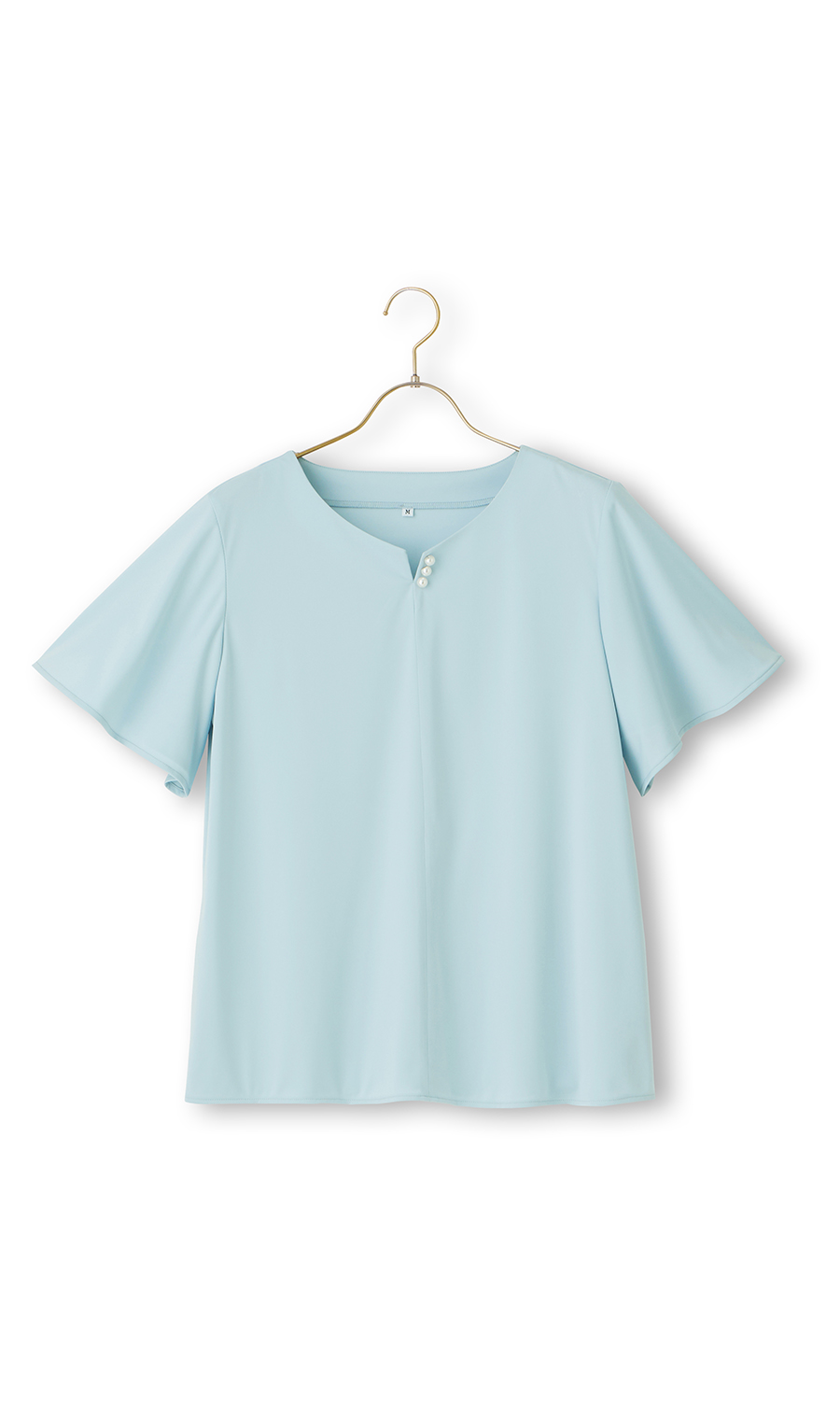 パールボタン付きキーネックブラウス《半袖》 サックス M