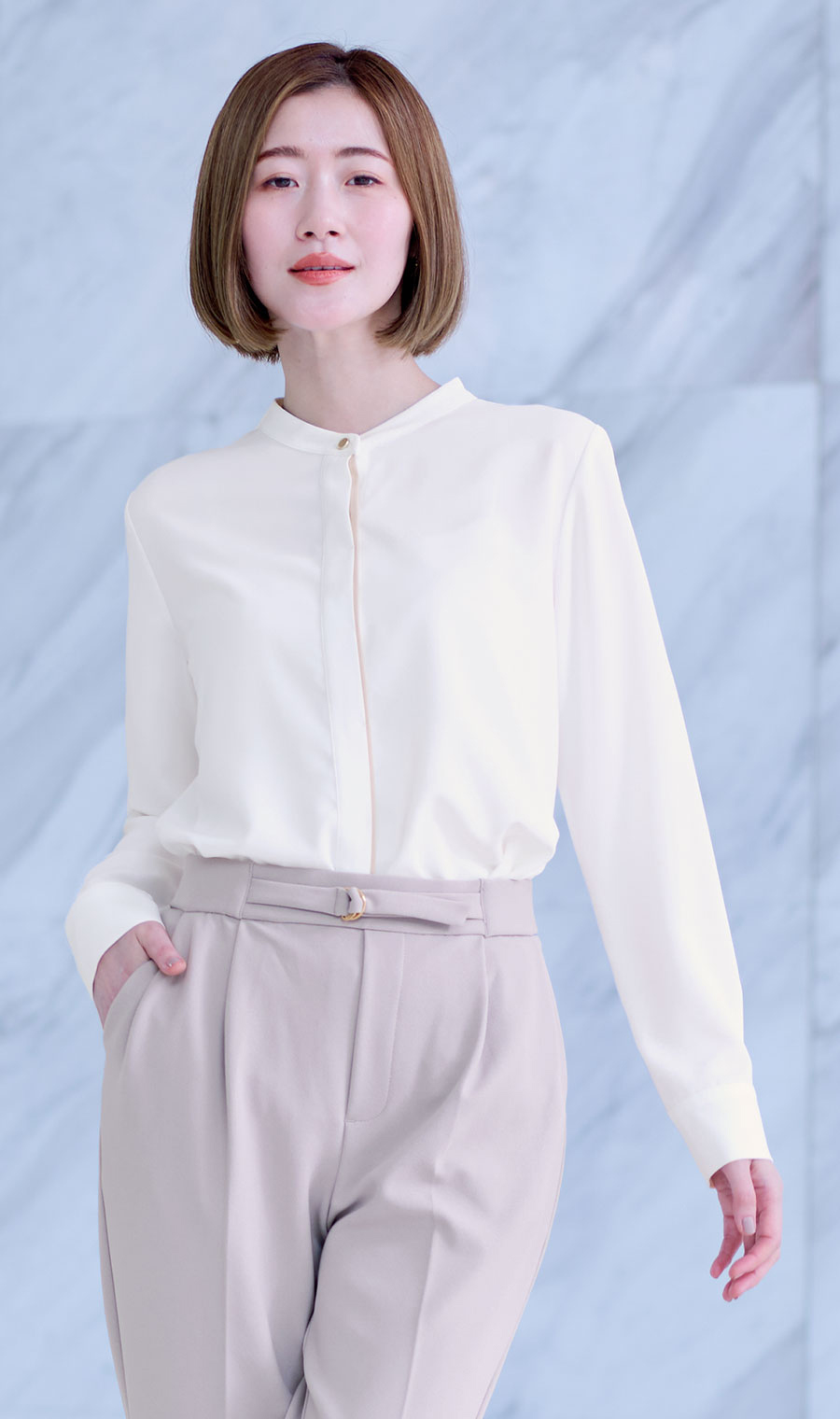 バンドカラー配色ブラウス【長袖】【WEB限定サイズあり】 ホワイト S