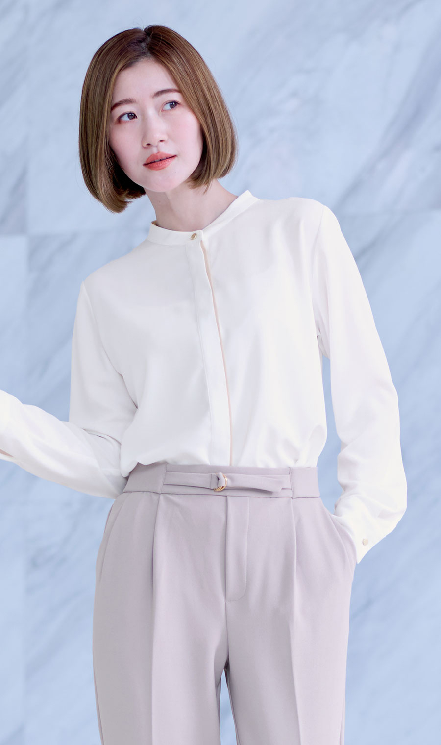 バンドカラー配色ブラウス【長袖】【WEB限定サイズあり】 ホワイト S