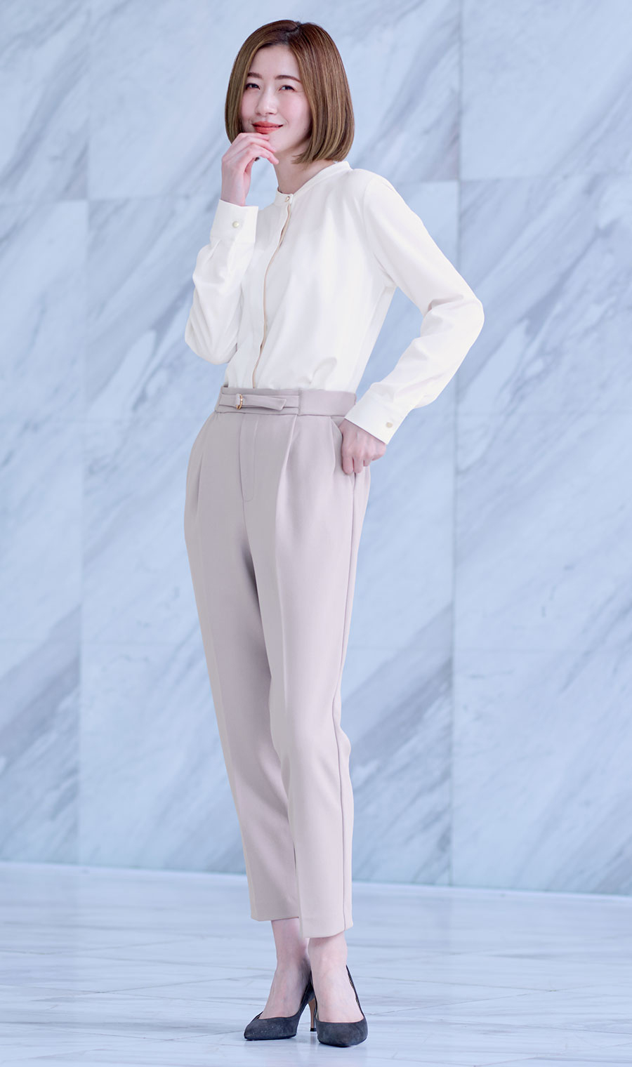 バンドカラー配色ブラウス【長袖】【WEB限定サイズあり】 ホワイト S