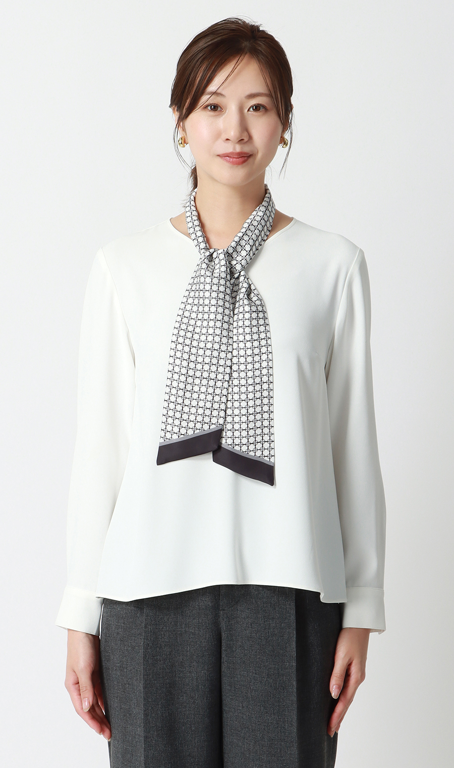 スカーフタイ付きVネックブラウス【2WAY】【長袖】 ホワイト S