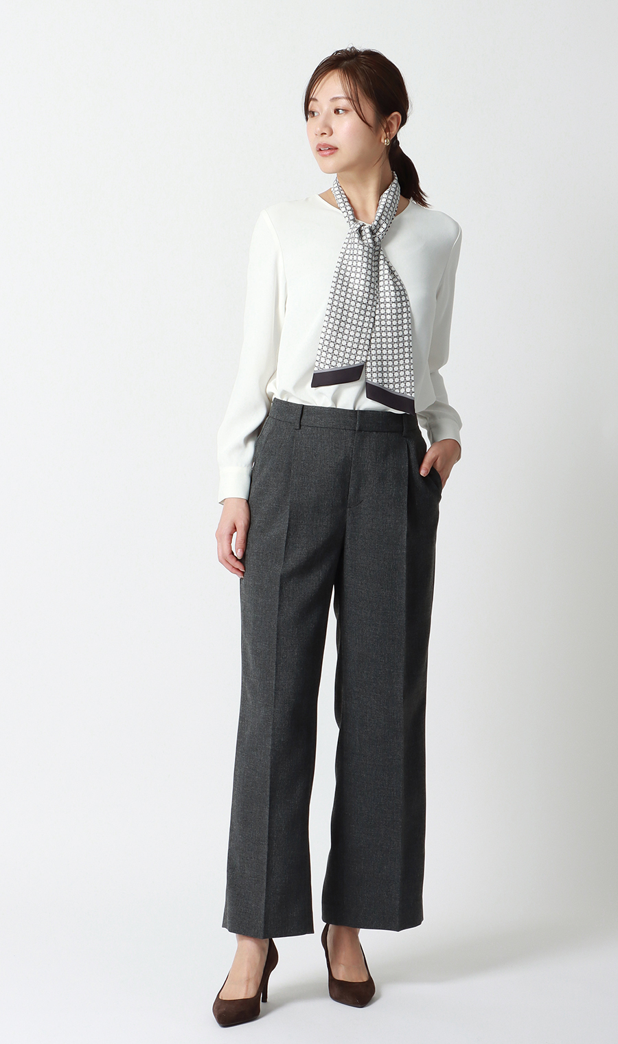 スカーフタイ付きVネックブラウス【2WAY】【長袖】 ホワイト S