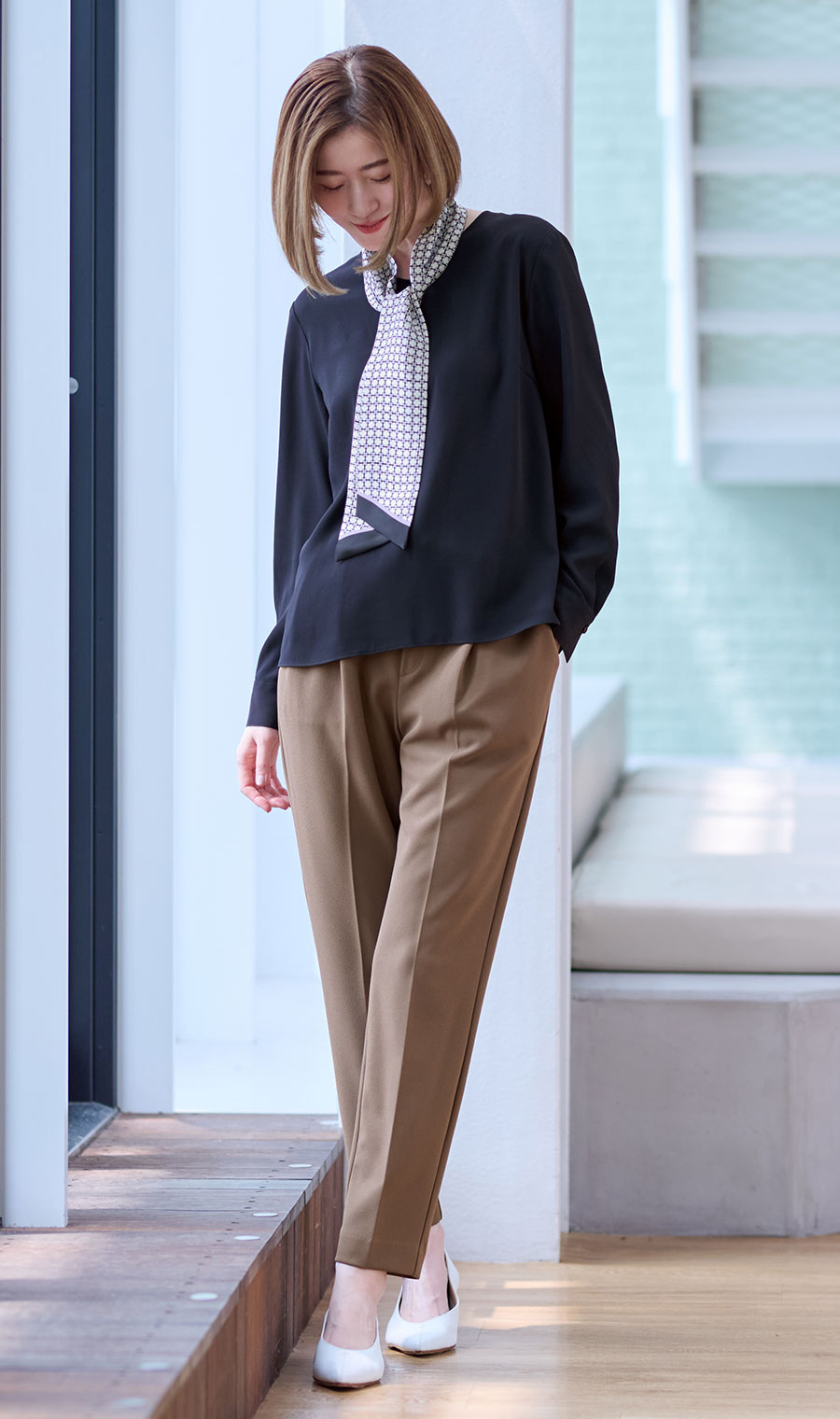 スカーフタイ付きVネックブラウス【2WAY】【長袖】 ネイビー S