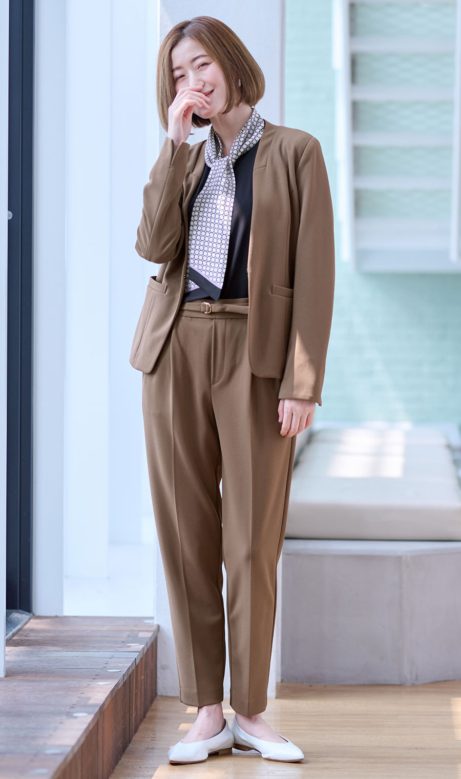 スカーフタイ付きVネックブラウス【2WAY】【長袖】 ネイビー S