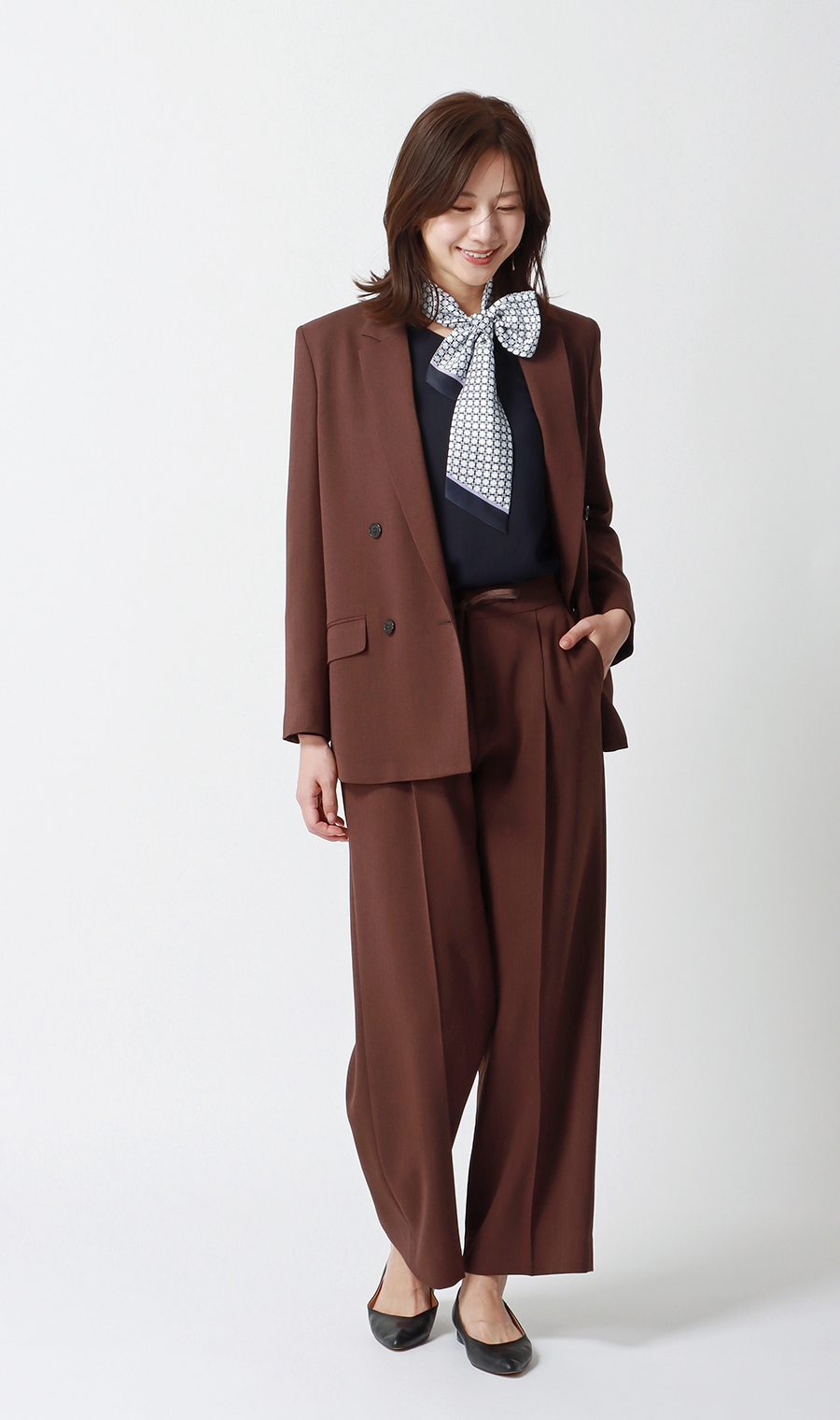 スカーフタイ付きVネックブラウス【2WAY】【長袖】 ネイビー S