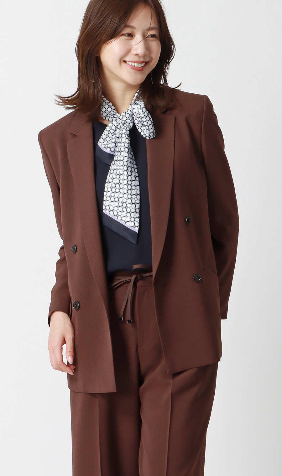 スカーフタイ付きVネックブラウス【2WAY】【長袖】 ネイビー S