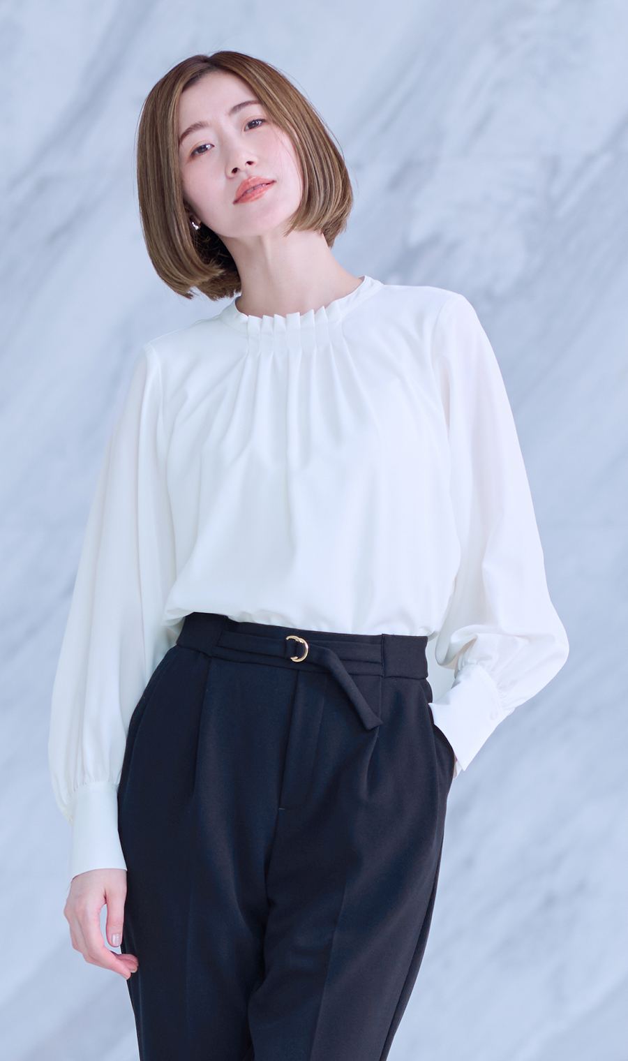 フロントタックブラウス【長袖】 ホワイト S