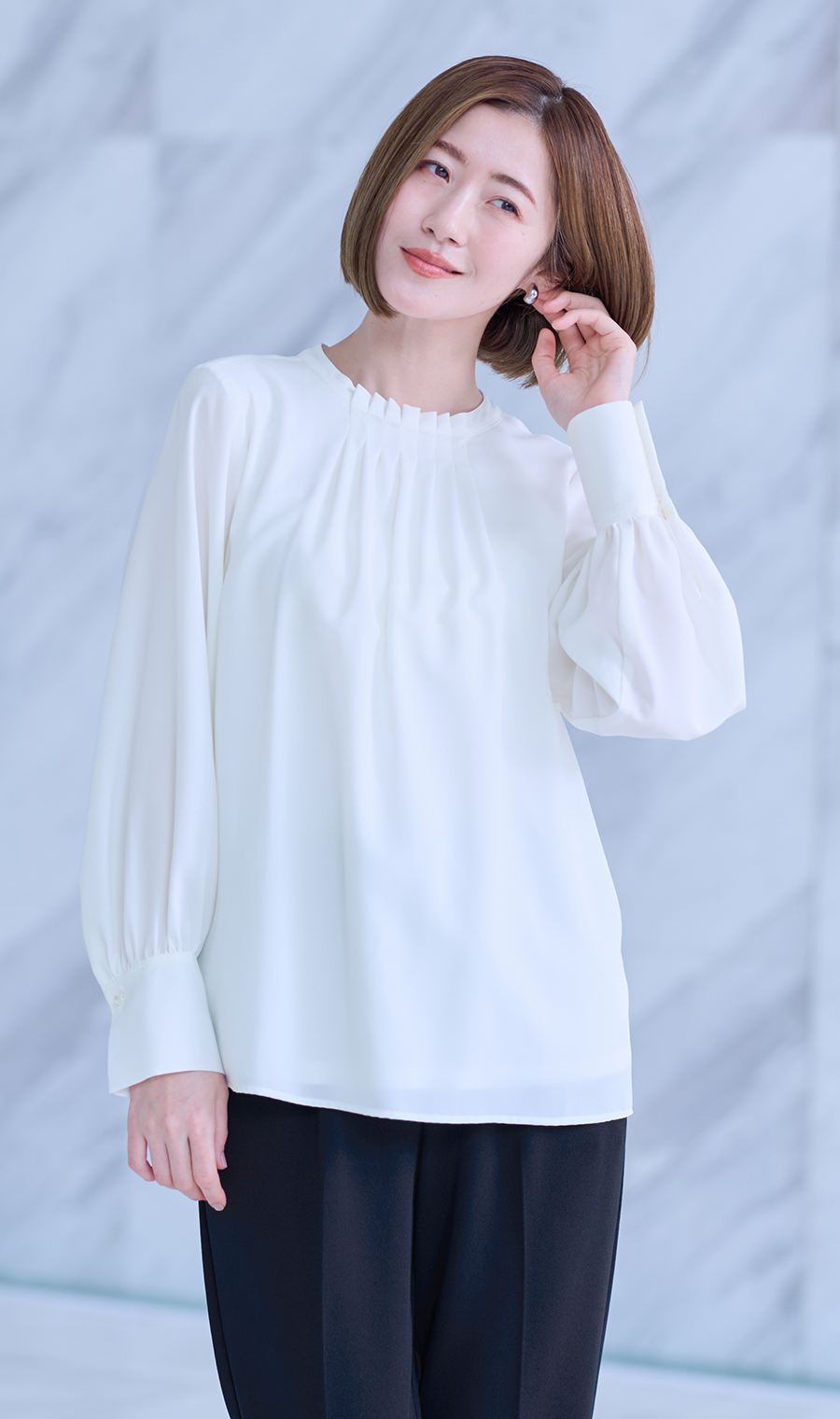 フロントタックブラウス【長袖】 ホワイト S