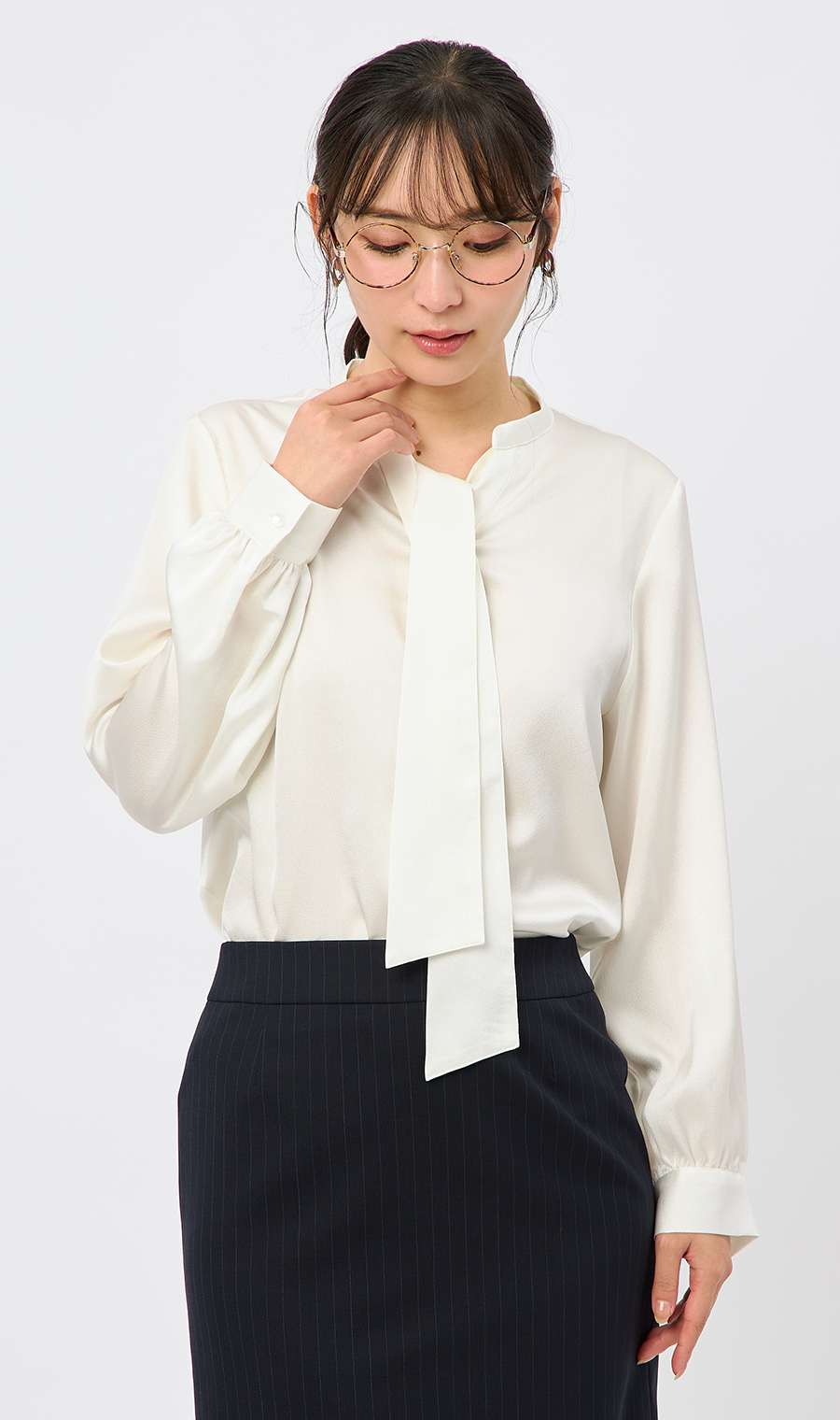 取り外しタイ付きブラウス【2WAY】【長袖】【WEB限定サイズあり】 ホワイト S