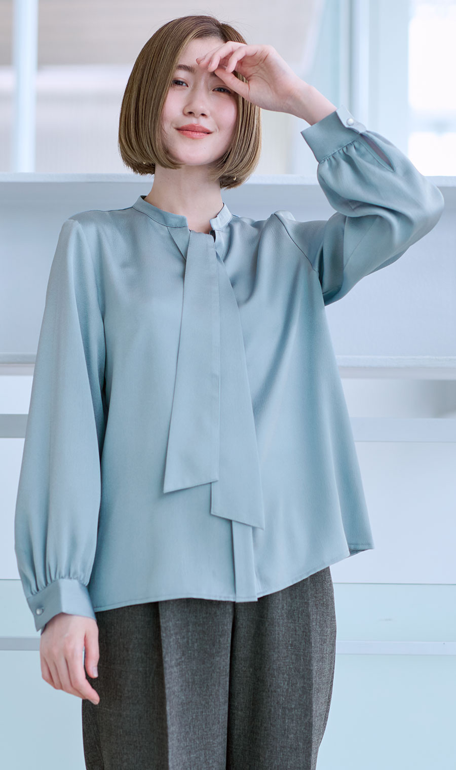 取り外しタイ付きブラウス【2WAY】【長袖】【WEB限定サイズあり】 サックス S