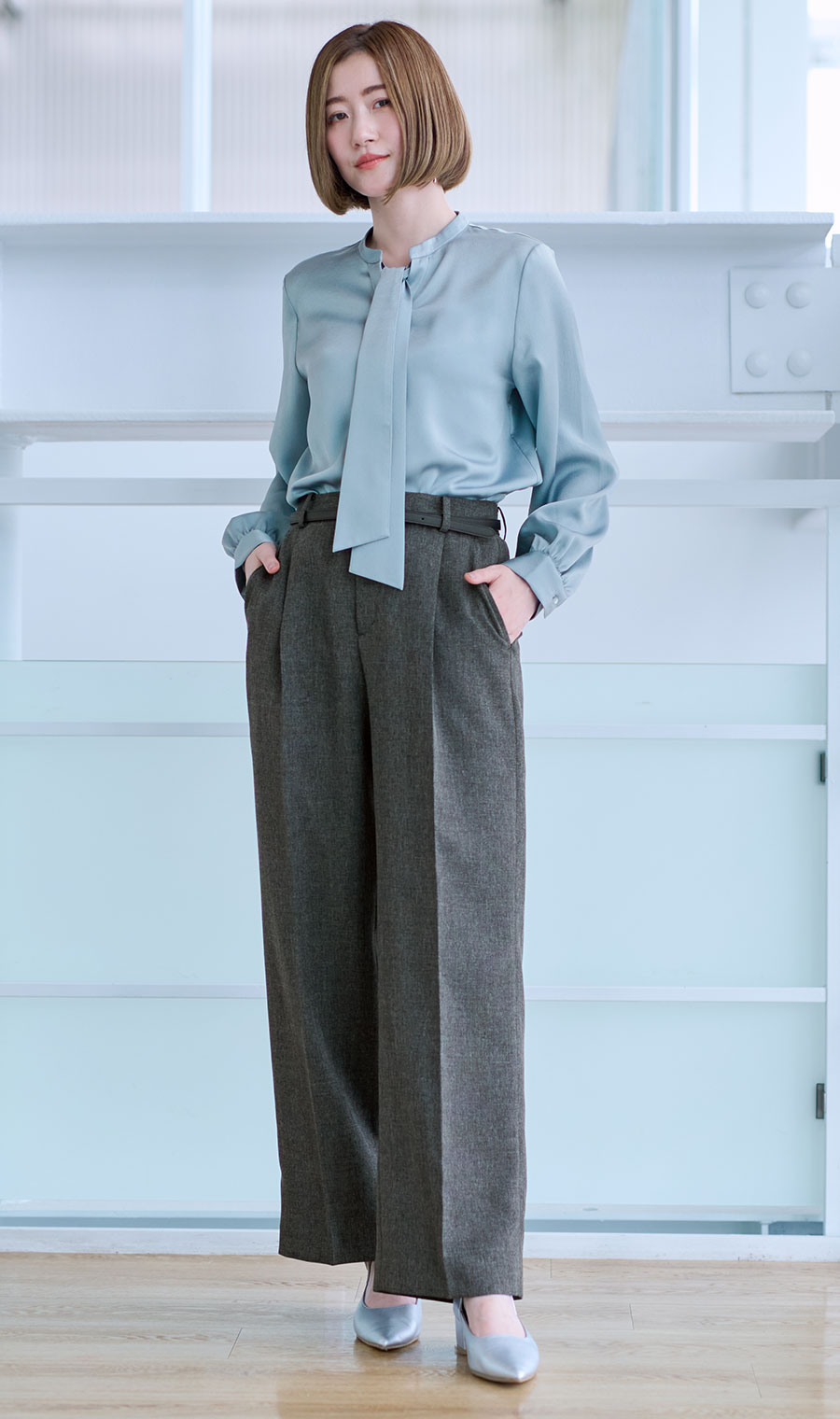 アルベロベロ☆なにもかも可愛すぎる二重襟のブラウス　シワ加工　92801 プラスサイズ】丸襟シャーリング長袖ブラウス - ブラウス