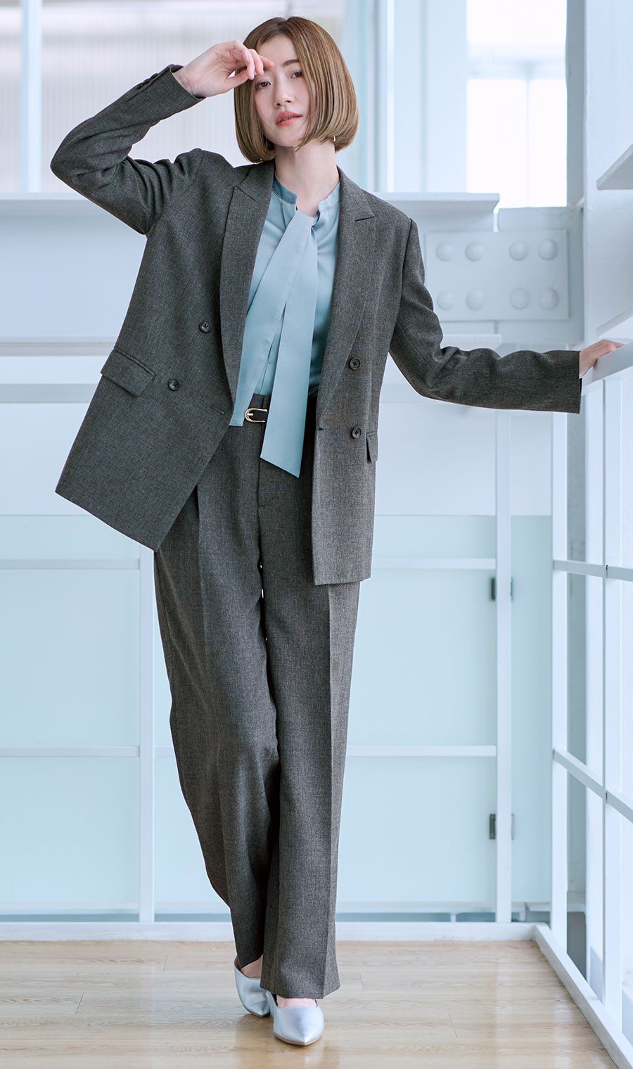 取り外しタイ付きブラウス【2WAY】【長袖】【WEB限定サイズあり】 サックス S