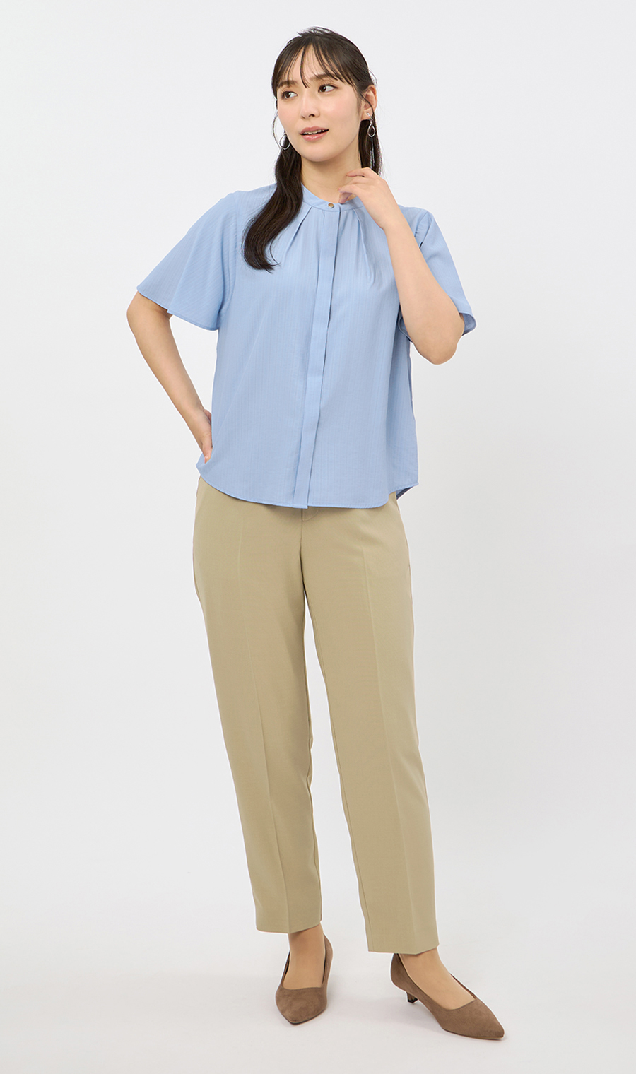 バンドカラーフレア袖ブラウス【5分袖】【接触冷感】 サックス L