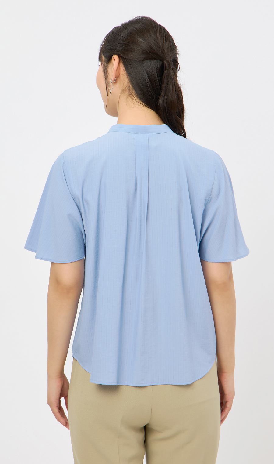 バンドカラーフレア袖ブラウス【5分袖】【接触冷感】 サックス L