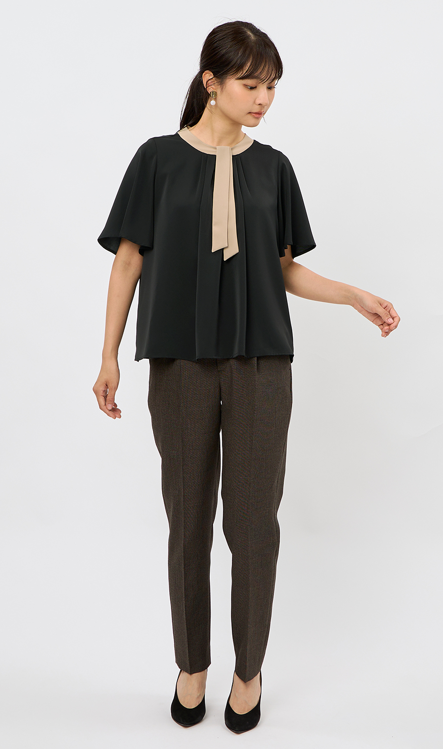 配色タイ付き2WAYブラウス【5分袖】 ブラック S