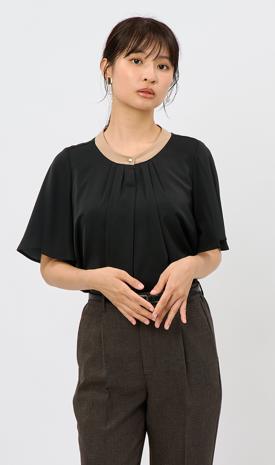 配色タイ付き2WAYブラウス【5分袖】 ブラック S