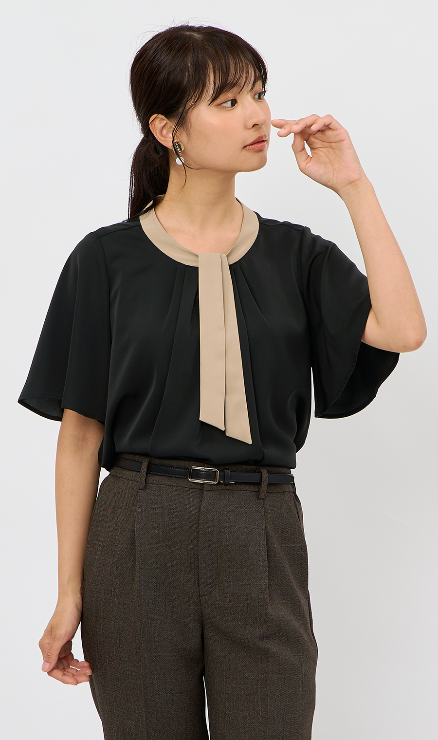 配色タイ付き2WAYブラウス【5分袖】 ブラック S