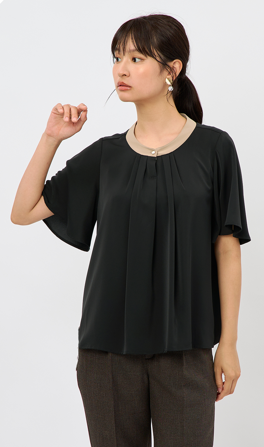 配色タイ付き2WAYブラウス【5分袖】 ブラック S