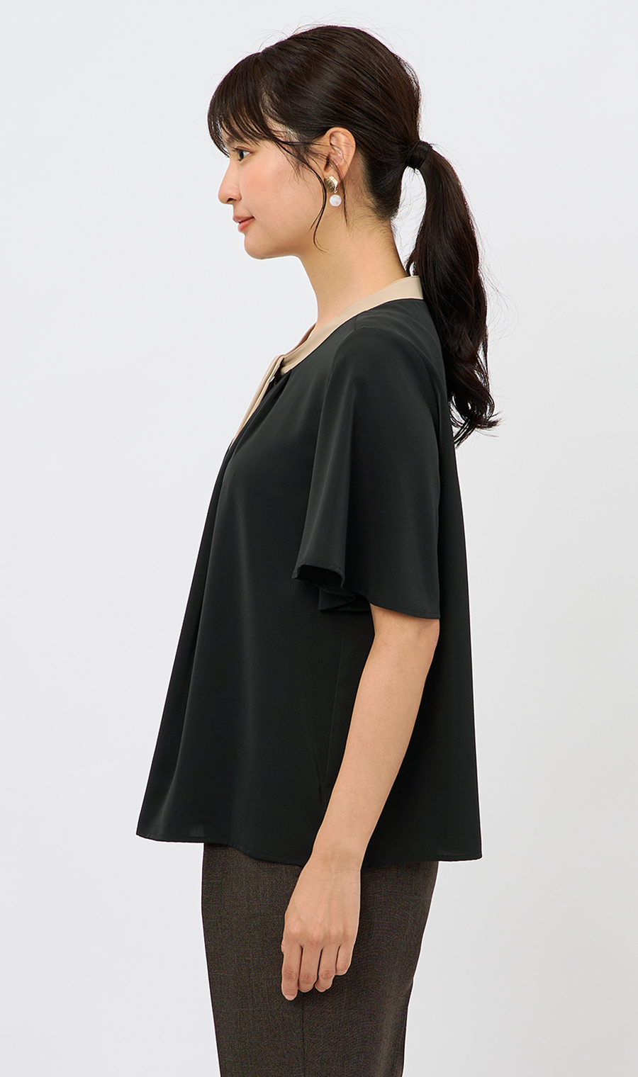 配色タイ付き2WAYブラウス【5分袖】 ブラック S