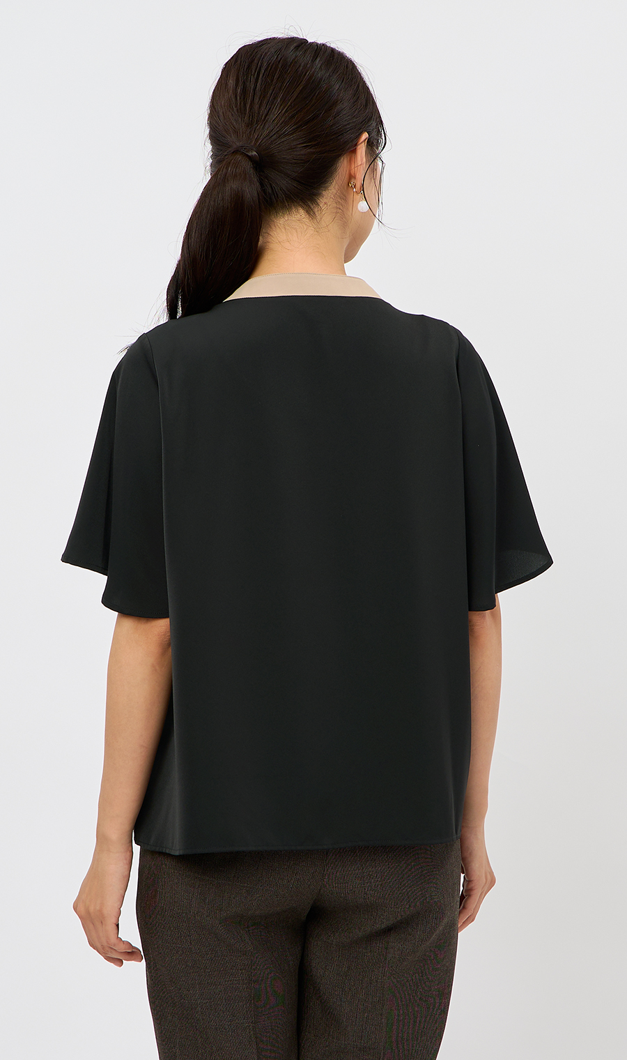 配色タイ付き2WAYブラウス【5分袖】 ブラック S