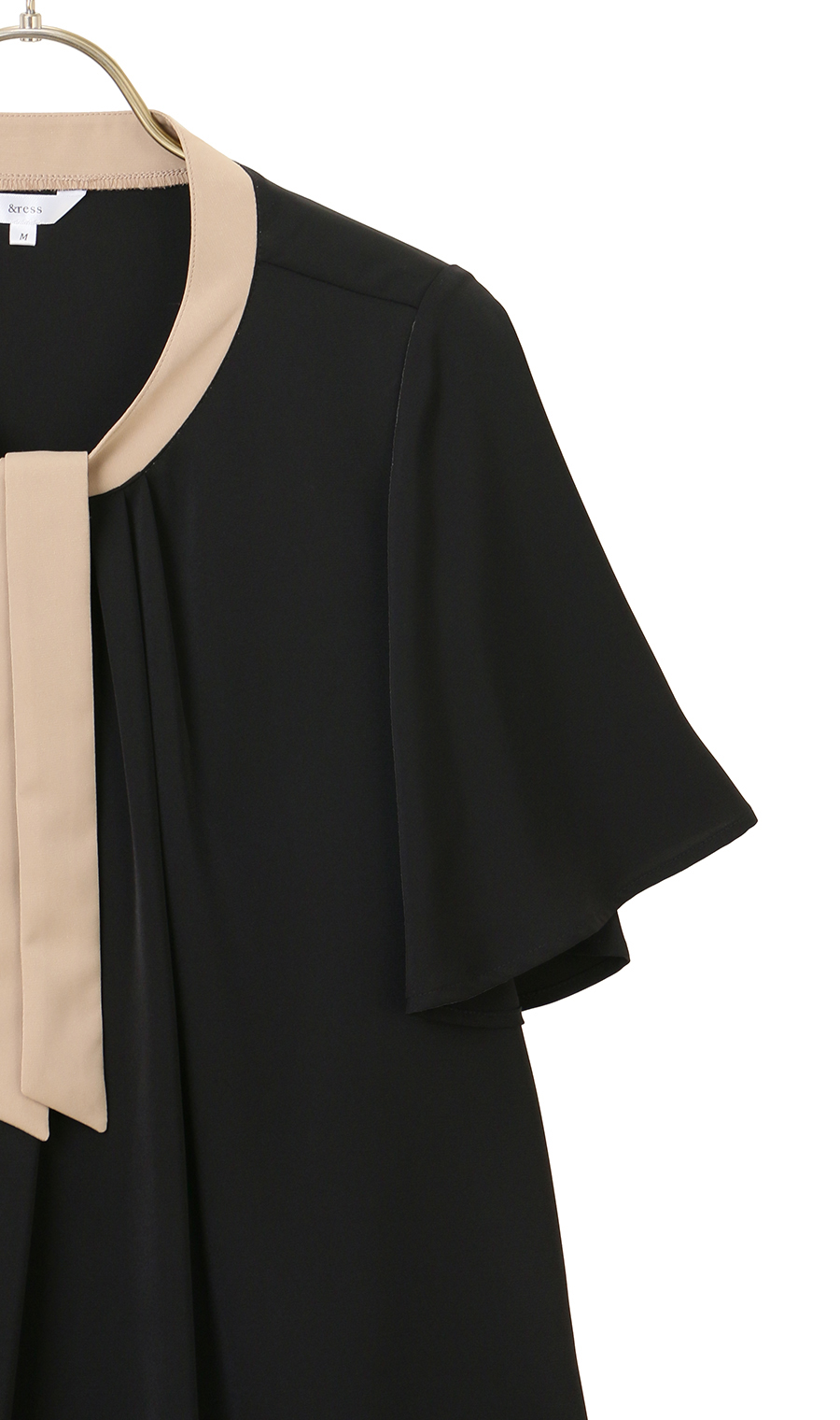 配色タイ付き2WAYブラウス【5分袖】 ブラック S