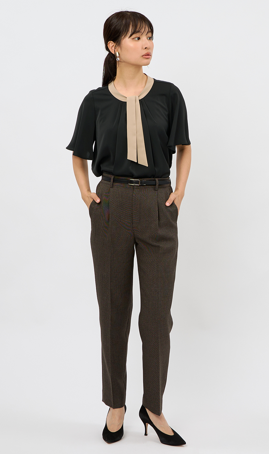 配色タイ付き2WAYブラウス【5分袖】 ブラック S