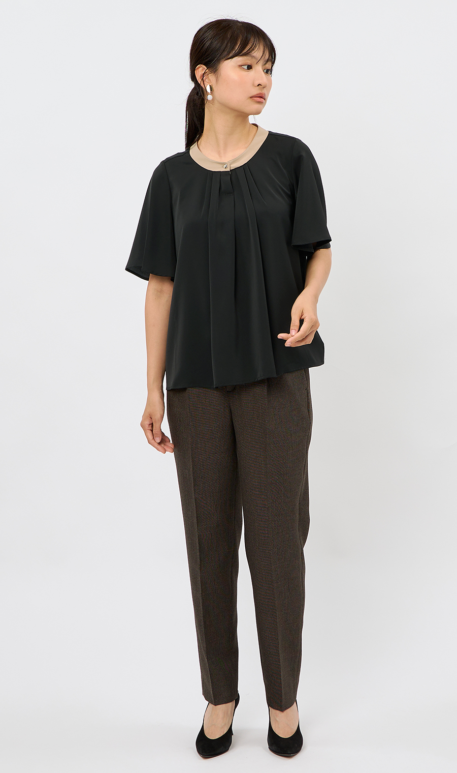 配色タイ付き2WAYブラウス【5分袖】 ブラック S