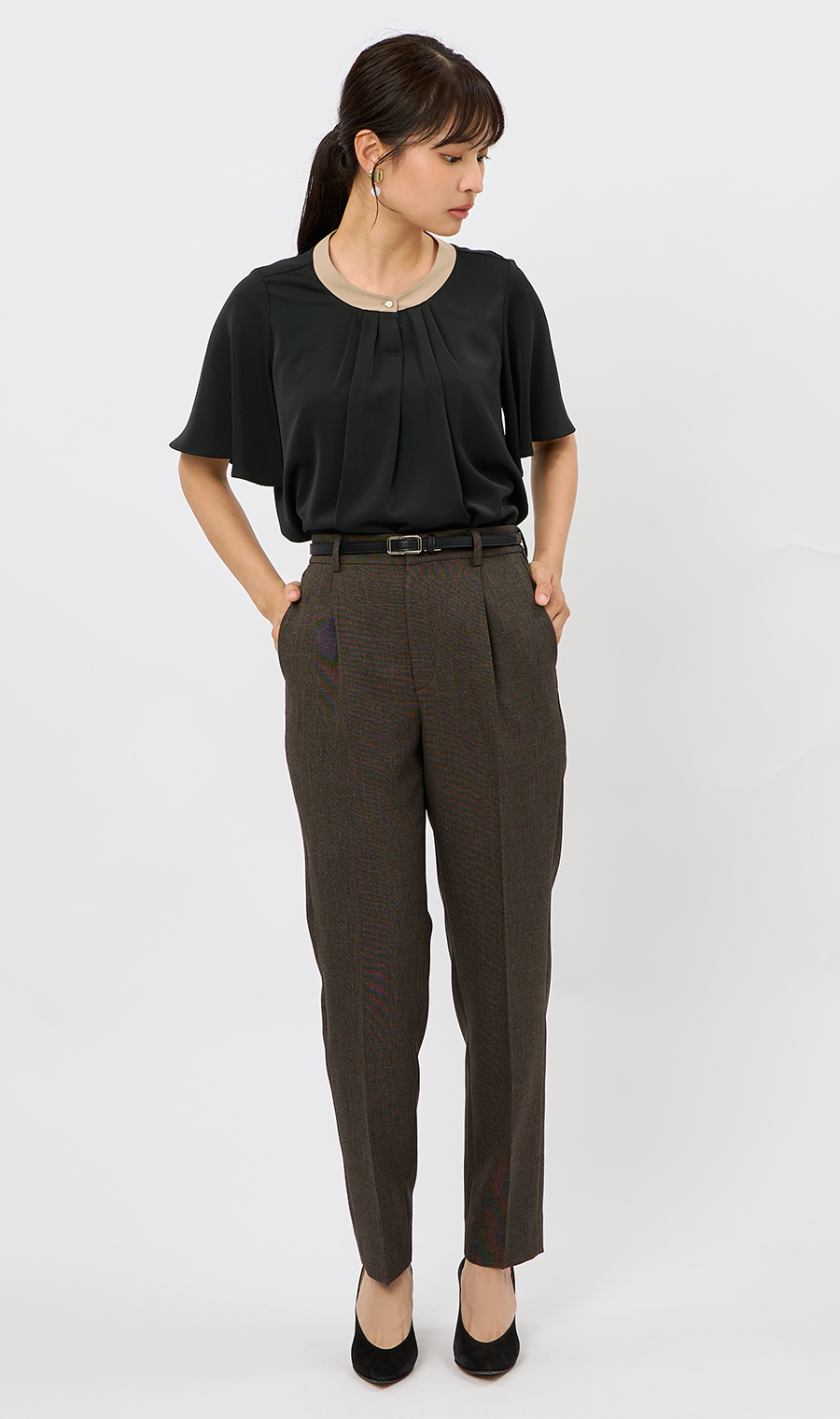 配色タイ付き2WAYブラウス【5分袖】 ブラック S