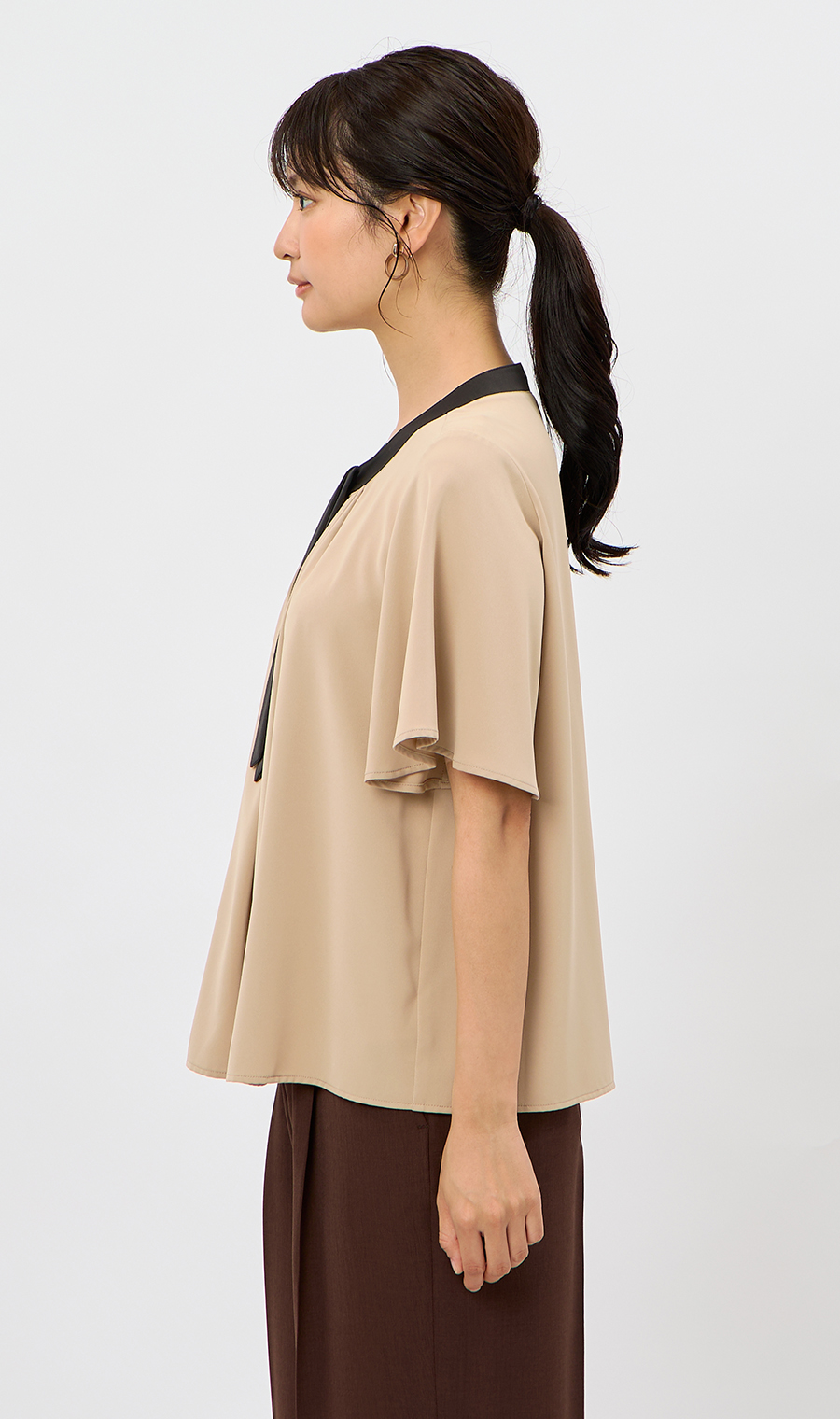 配色タイ付き2WAYブラウス【5分袖】 ベージュ S