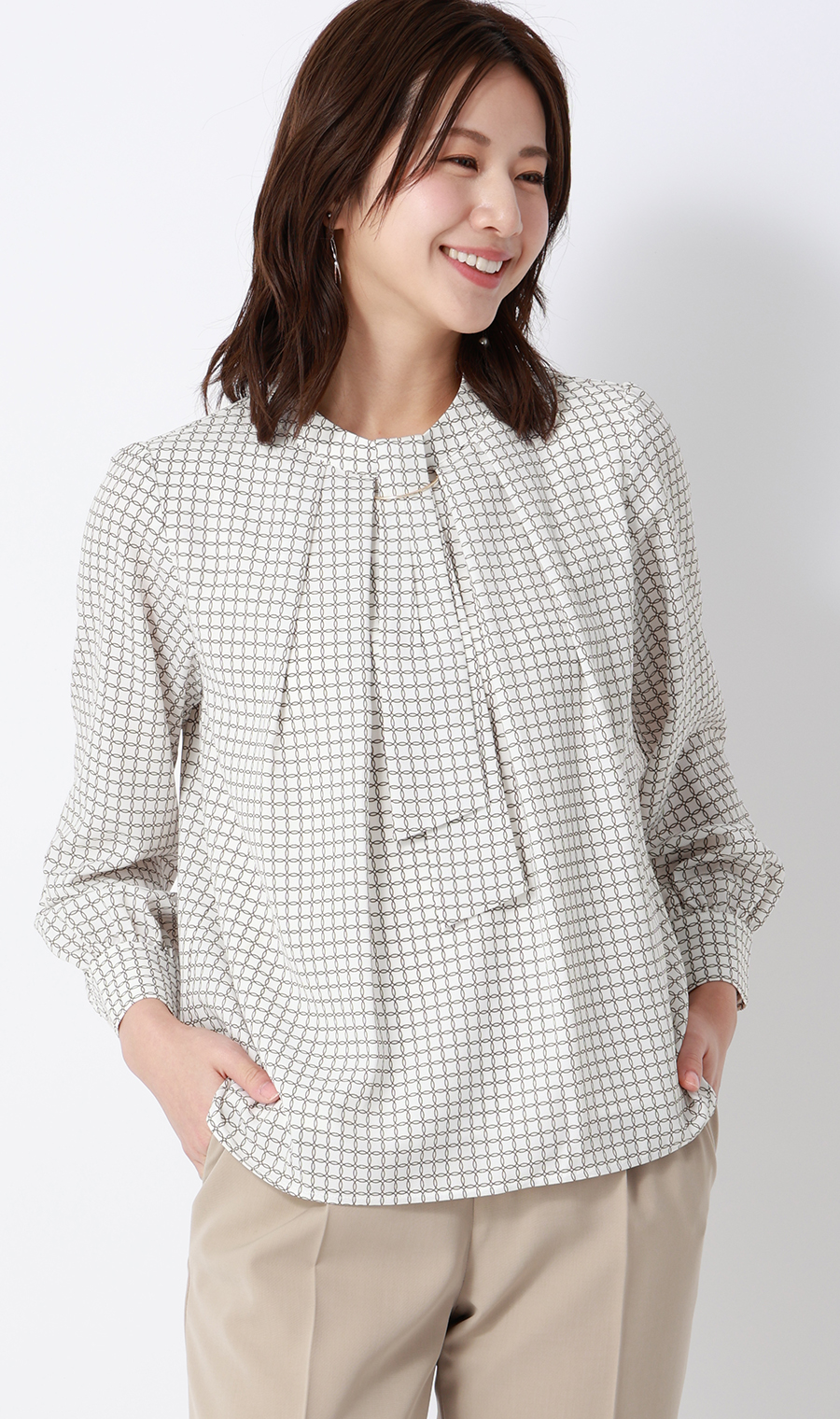 名品アクセサリー付きボウタイブラウス【4WAY】【長袖】 ブラウン S