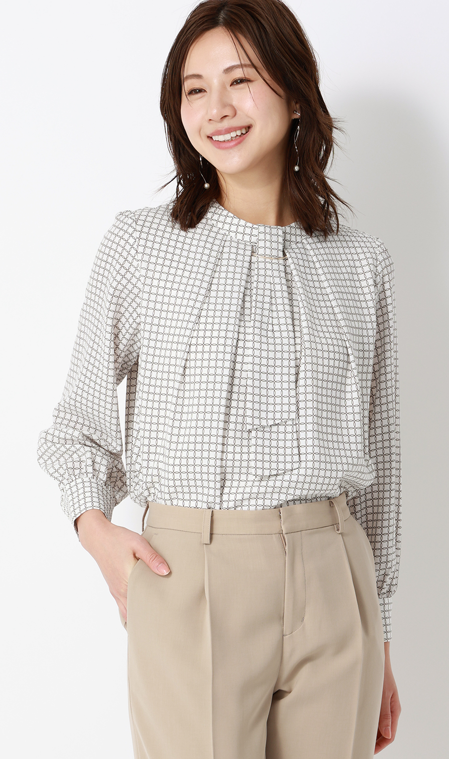 名品アクセサリー付きボウタイブラウス【4WAY】【長袖】 ブラウン S