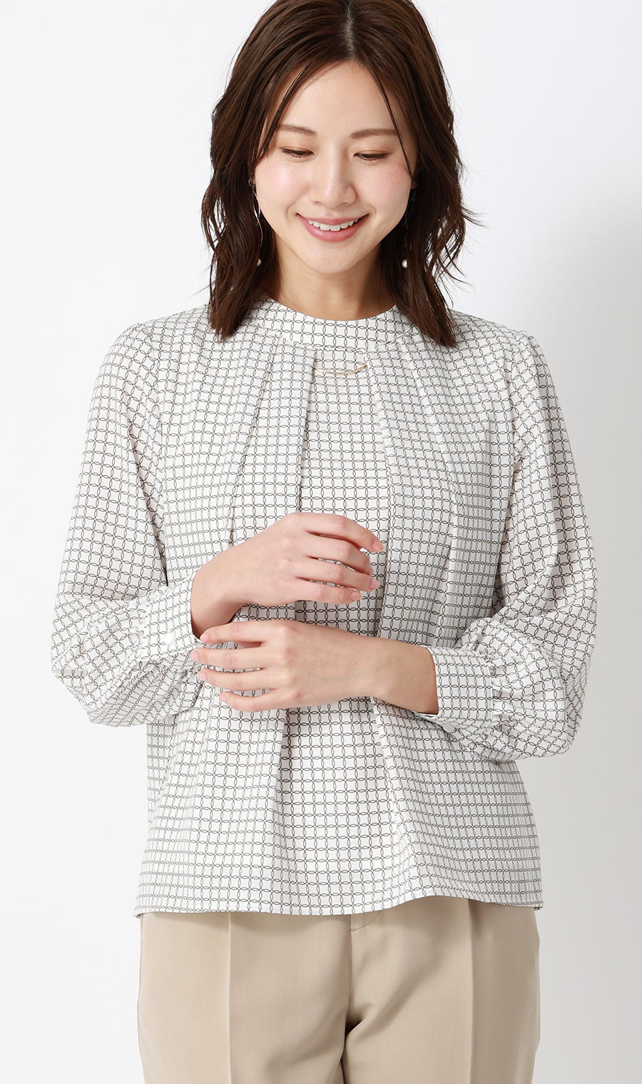 名品アクセサリー付きボウタイブラウス【4WAY】【長袖】 ブラウン S