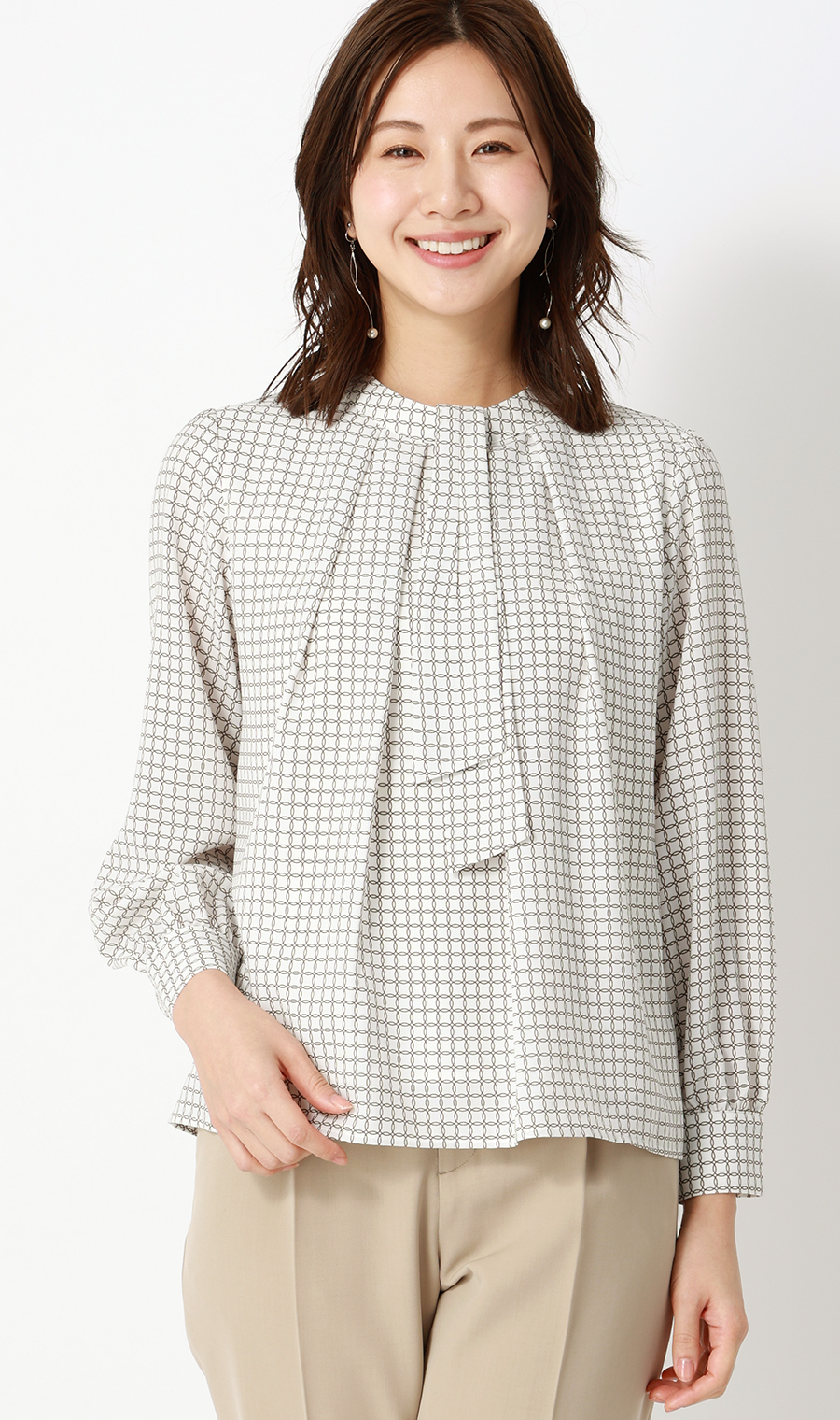 名品アクセサリー付きボウタイブラウス【4WAY】【長袖】 ブラウン S