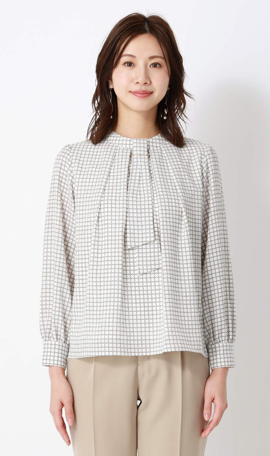 名品アクセサリー付きボウタイブラウス【4WAY】【長袖】 ブラウン S