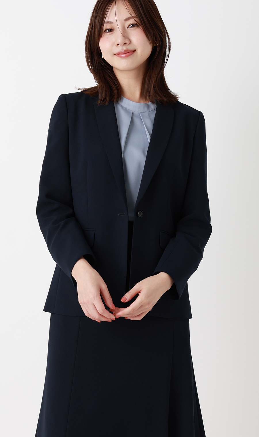 ハイネックタックブラウス【美ジ楽ブラウス】【9分袖】 サックス S