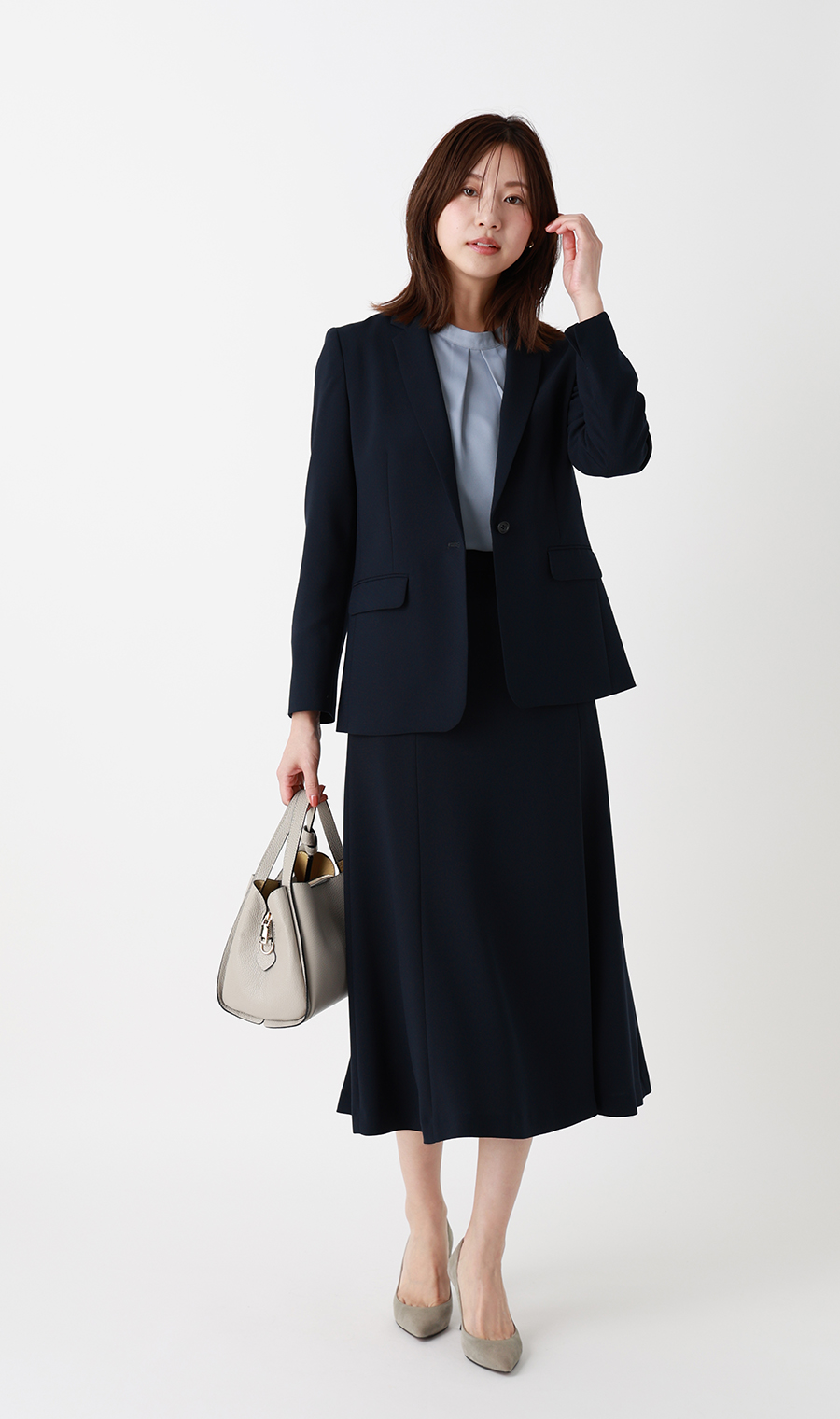 ハイネックタックブラウス【美ジ楽ブラウス】【9分袖】 サックス S