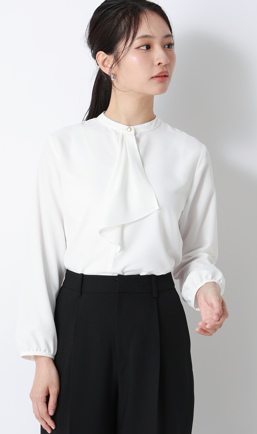 フリルタイブラウス【7分袖】 ホワイト S