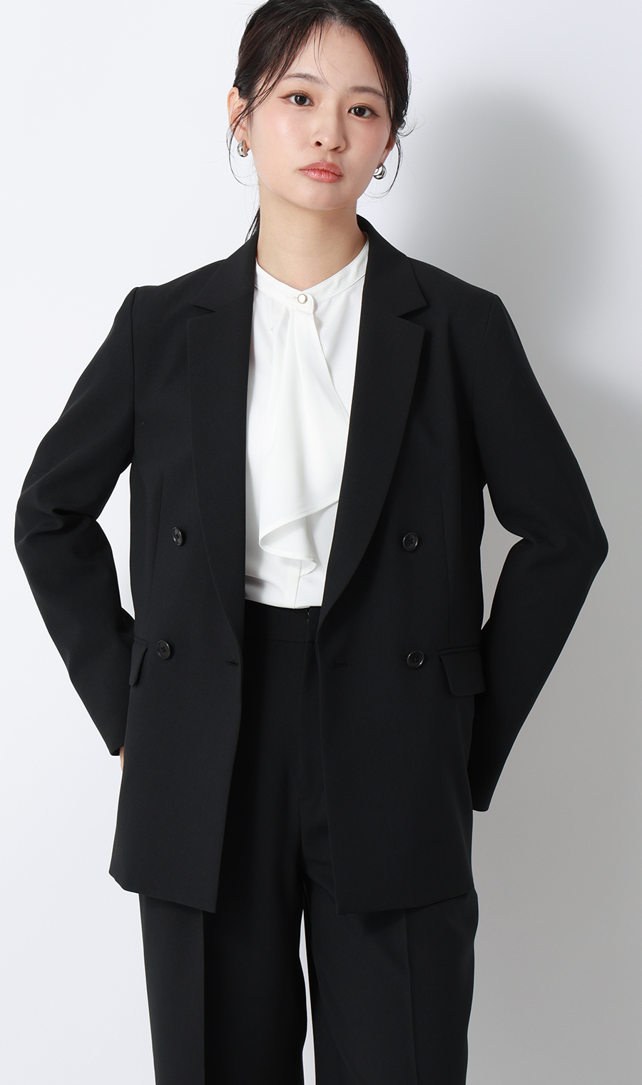 フリルタイブラウス【7分袖】 ホワイト S