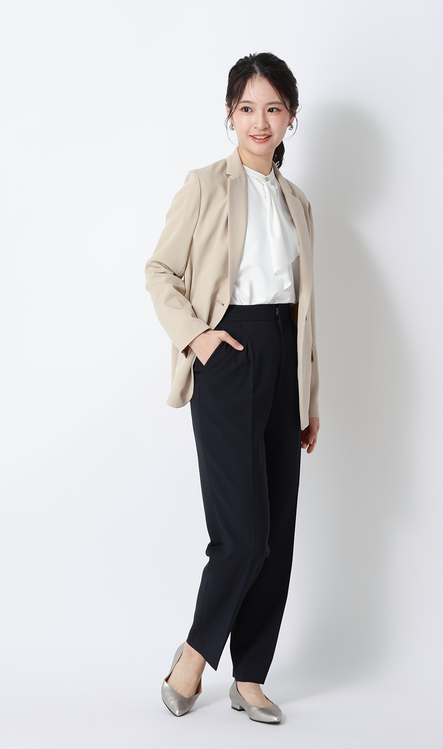 フリルタイブラウス【7分袖】 ホワイト S