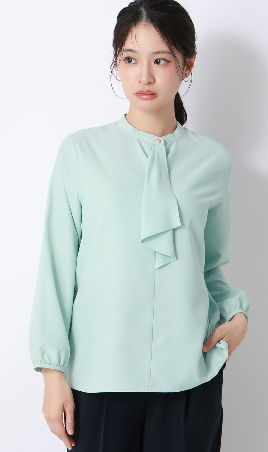 フリルタイブラウス【7分袖】 グリーン S