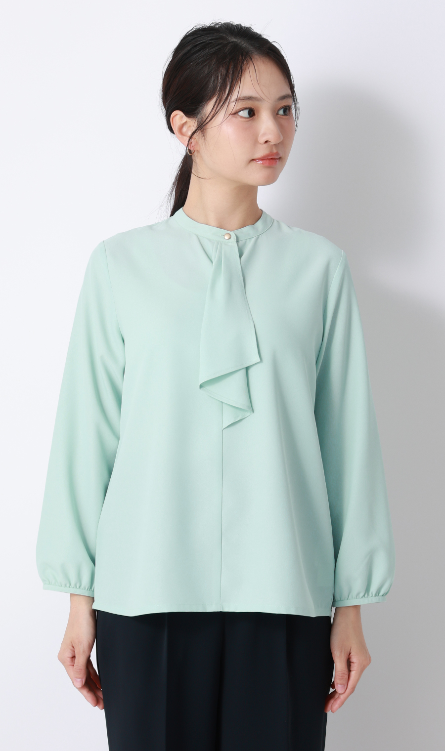 フリルタイブラウス【7分袖】 グリーン S