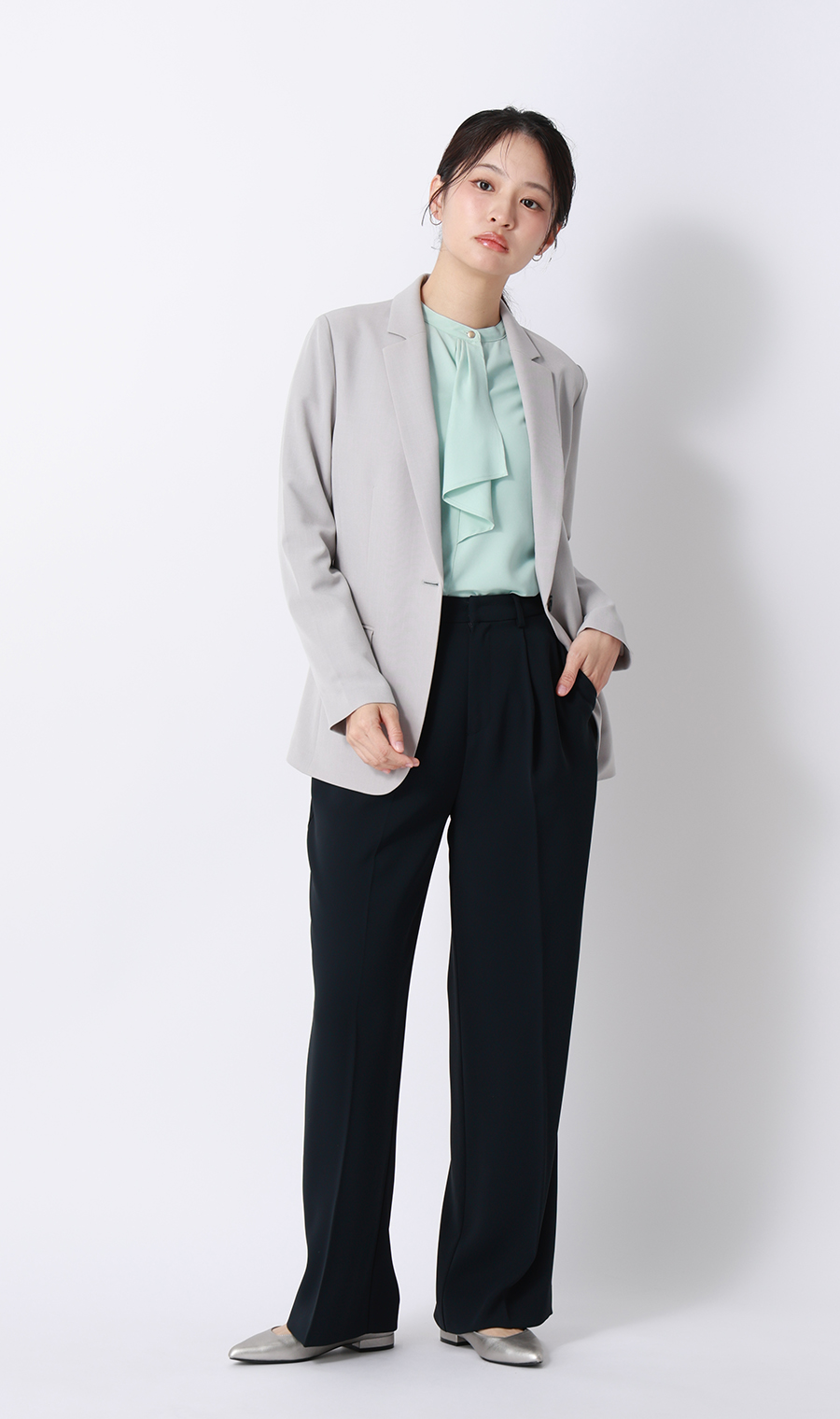 フリルタイブラウス【7分袖】 グリーン S