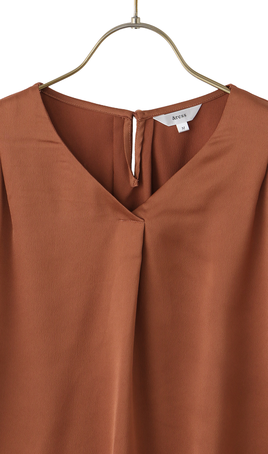 Vネックサテンブラウス【7分袖】 オレンジ S