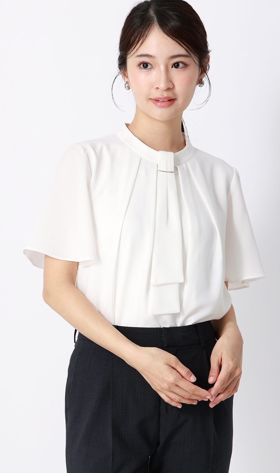 名品アクセサリー付きボウタイブラウス【4WAY】【半袖】 ホワイト S