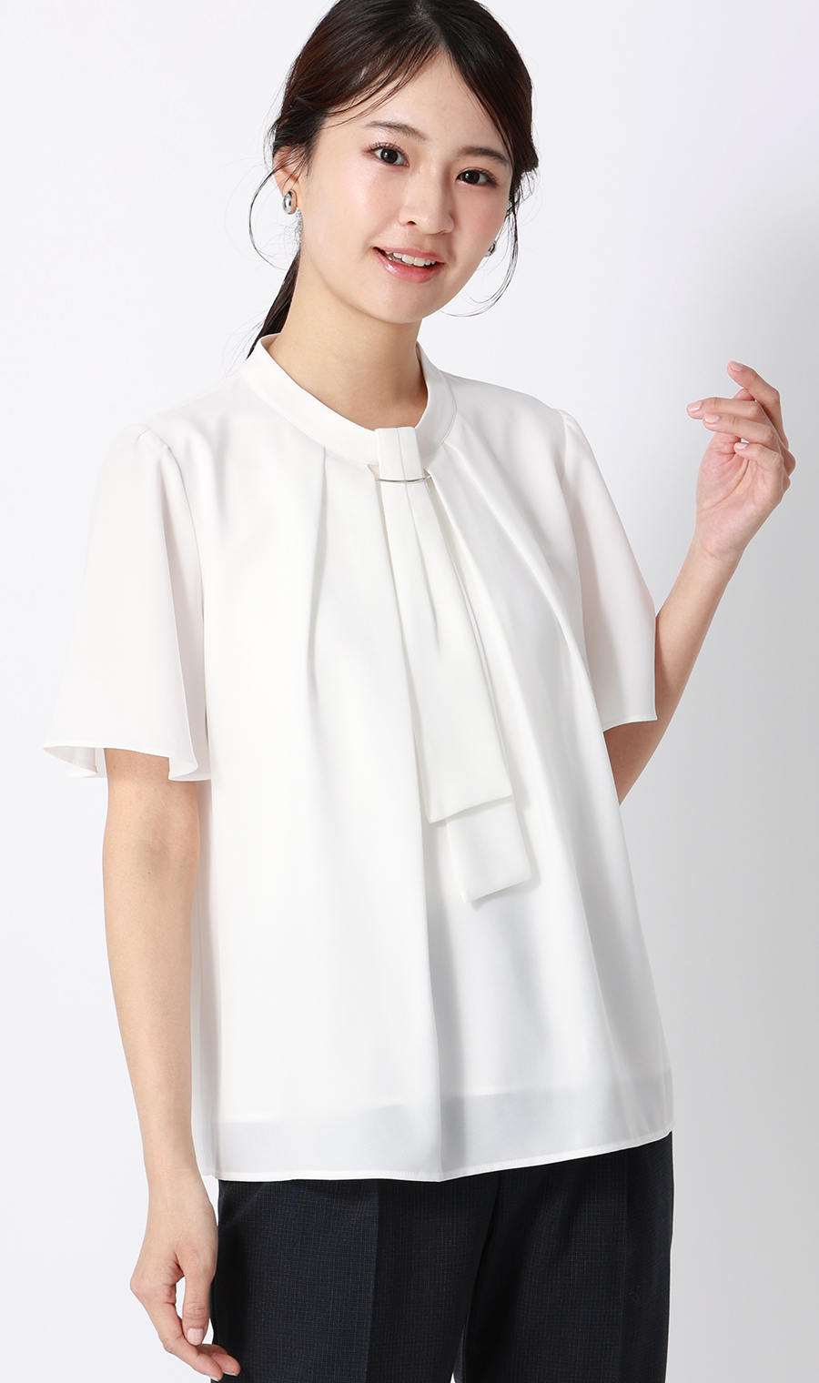名品アクセサリー付きボウタイブラウス【4WAY】【半袖】 ホワイト S